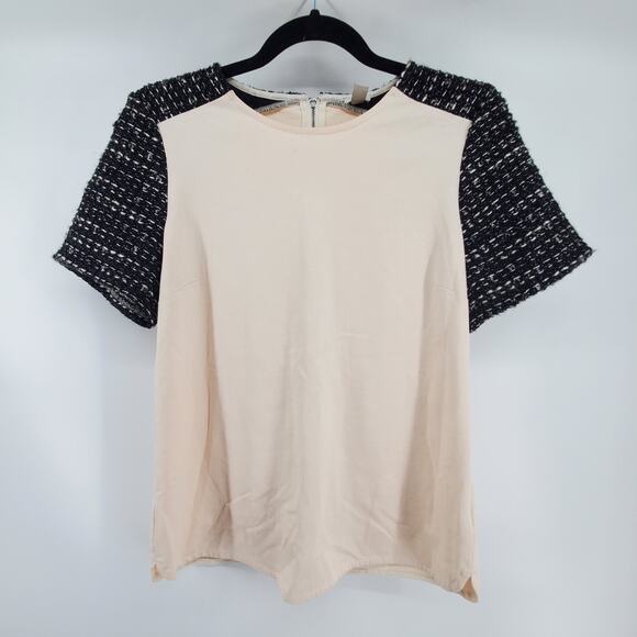 J.Crew Lux Gold Metallic Tweed Black Sleeve Cotton Cream Stretch Blouse Small - Picture 2 of 12